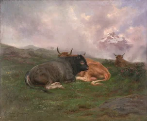 Hvilende kvæg på en bjergskråning i Alperne, 1885