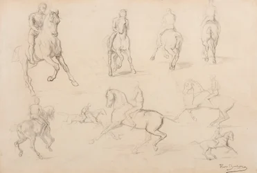 Studier af en hest og rytter (grafit på hvidt vævet papir)