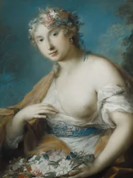 Flora, halv længde, holder en kurv med blomster,