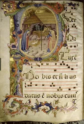 Corale / Graduale nr. 5 Historikert initial "P", der skildrer fødselaren