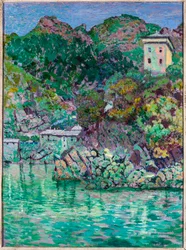 Udsigt over San Fruttuoso, nær Camogli (olie på lærred