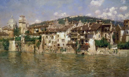 Adige in Verona, af Rubens Santoro (1859-1942), olie på lærred