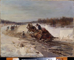 Fastelavn. En mand og en kvinde synger og smiler i en slæde. De fejrer tiden før fastens begyndelse, hvor man spiser fed mad. Maleri af Rudolf Ferdinandovitj Frenz (1831-1918)