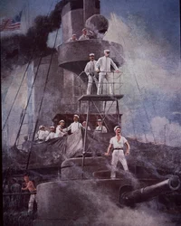 Spansk-amerikansk krig 1898, slaget ved Manila Bay, admiral Dewey dirigerer action fra flagskibet Olympia
