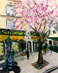 Cherry Blossoms at Shakespeare and Co Paris - med guldudsmykning, 2023 (olie på lærred)