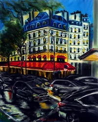 Aftenrush i Paris, 2025 (olie på lærred)