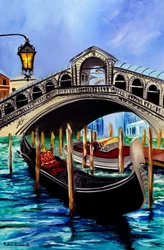 Gondoler ved Rialtobroen i Venedig, 2023 (olie på lærred)