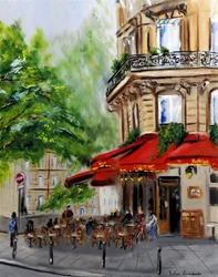 Paris Corner Cafe - med guldudsmykning, 2023 (olie på lærred)