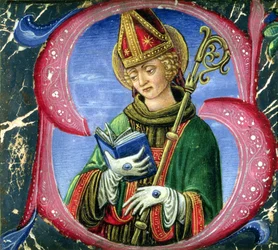Historikert initial S, der forestiller en biskopshelgen, ca. 1470