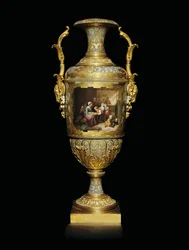 En Alexander II to-grebet porcelæn og bladguld vase, malet med en skolestue scene efter B, 1866