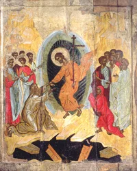 Kristi nedstigning til helvede, russisk ikon, Novgorod-skolen, slutningen af det 14. århundrede (tempera på panel)