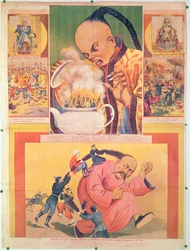 Russisk humoristisk plakat, der satiriserer europæerne i Kina, trykt i Moskva, Rusland, 1900