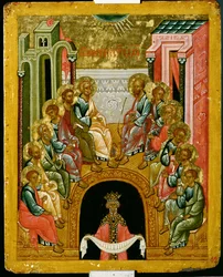 The Descent of the Holy Spirit, russisk ikon fra katedralen St. Sophia, Novgorod-skolen, 1400-tallet (tempera på lærred)