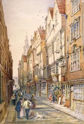 Bygninger i Wych Street, inklusive Rising Sun Tavern, Westminster, London, c1860