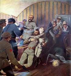 Henrettelsen af zar Nikolaj 2. (1868-1918) og hans familie i Jekaterinburg, 17. juli 1918, fra «Sovjetternes historie» af H. de Weindel, 1923-24