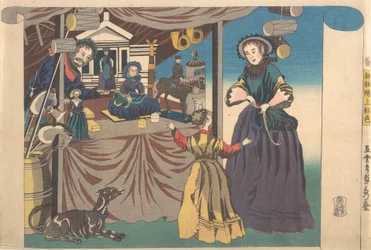 Farvetryk af et kobberpladebillede af en legetøjsbutik, 1860.