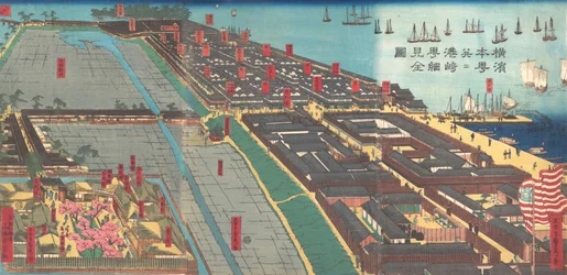 Detaljeret print af Yokohama Hon-cho og Miyozaki Pleasure Quarter, 4. måned. 1860.