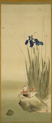 Iris og mandarinænder (blæk & farve på silke)