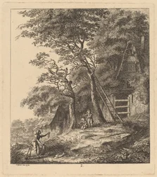 En fisker og to børn i et landskab med stråtækte hytter, 1764.