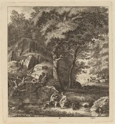 En hyrde og en ung kvinde med deres fødder i en bæk, 1764.