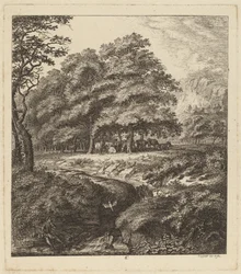 Kvæg hviler i en lund med en mand siddende ved siden af en bæk, 1764.