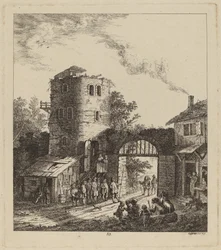 Landsbyboere ved en byport, der hilser en dignitær, 1764.