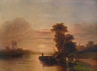 Solnedgang ved en flod, med vindmølle og sommerhus, 1848, 1938