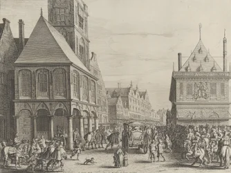 Bydommere tager afsked med Marie de Medici før rådhuset, fra Caspar Barlaeus..., 1638.