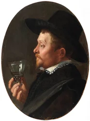 ""Portræt af en mand, der holder et Roemer-glas"" (Man Holding A Roemer) Maleri af Salomon de Bray (1597-1664) Olie på kobber