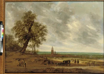 Et panoramisk landskab med rejsende på en sti, byen Amersfoort hinsides, 1634