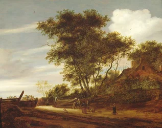 Skovklædt landskab med børn, der leger på vejen ved et sommerhus, 1658