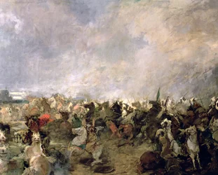 Slaget ved Guadalete detalje af goternes flugt fra kommandoen af kong Roderik i nærværelse af det muslimske kavaleri af Tarik Ibn Ziyad, 711 AD (olie på lærred) (detaljer)