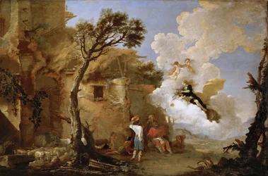 Astree (Astrape) quittant les bergers - The Return of Astraea, af Rosa, Salvatore (1615-1673). Olie på lærred, ca 1640-1645. Mål: 139,5x209 cm. Kunsthistorisk museum, Vienne