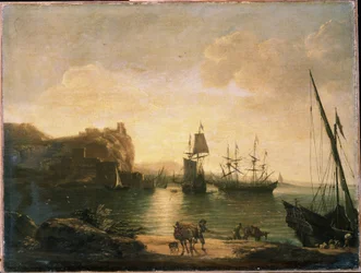 Havn. Maleri af Salvator (Salvatore) Rosa (1615-1673), olie på lærred, italiensk kunst (Napoli), barokkunst. M.Kroshitsky kunstmuseum, Sevastopol (Ukraine).