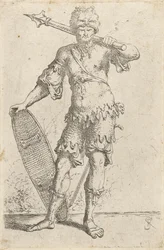 Stående eksotisk kriger med løvehovedkappe, der holder stridskølle og skjold, ca. 1656-57 (radering på bindet papir)