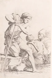 To mænd sidder og en anden mand holder en stav knælende på en sten, fra serien..., ca. 1656-1657.