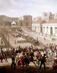 Indvielsen af jernbanelinjen mellem Napoli og Portici i 1839 ved overværelse af kong Ferdinand 2. Detalje. Kunstnerens leveår: 1799-1877. Museo Nazionale di San Martino, Napoli.