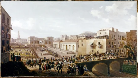 JERNBANE: Åbning af den første vesuvianske jernbane, Napoli-Portici. 3. oktober 1839 (olie på lærred)