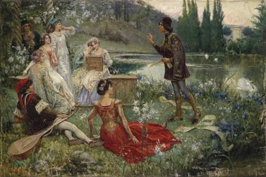 The Decameron par Salvatore Postiglione (1861-1906). Olie på lærred, størrelse: 100x151