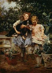 Kolme ystävää, Salvatore Postiglione (1861-1906), öljy kankaalle, 53,5x38 cm