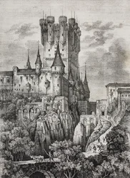 Alcazar af Segovia, Spanien, litografi af Salvatore Puglia fra Poliorama Pittoresco, n 36, 12. april