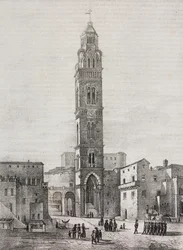 Klokketårn i Gaeta-katedralen, Lazio, Italien, litografi af Salvatore Puglia efter tegning af Pasquale Mattei (1813-1879), fra Poliorama Pittoresco, n 48, 6. juli
