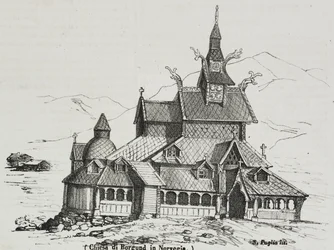 Borgund Stavkirke, Norge, litografi af Salvatore Puglia fra Poliorama Pittoresco, n 40, 14. maj