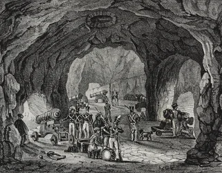 Grotte nær Gibraltarklippen, Spanien, litografi af Salvatore Puglia fra Poliorama Pittoresco, nr. 20, 24. december