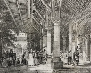 Entré i Serraglio, Tyrkiet, fra historieharem i øst, litografi fra Poliorama Pittoresco, n 12, 28. oktober