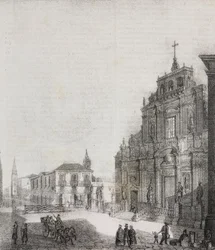 Facade af Basilica of San Sebastiano i Acireale, Sicilien, Italien, litografi af Salvatore Puglia fra Poliorama Pittoresco, n 39, 3. maj