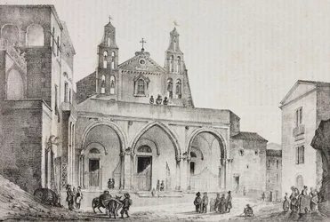 Facade af katedralen i Sessa Aurunca, Campania, Italien, litografi af Salvatore Puglia efter tegning af Pasquale Mattei (1813-1879) fra Poliorama Pittoresco, n 42, 24. maj