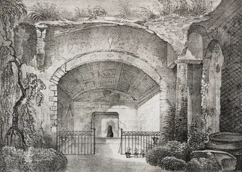 Sal i gammel villa hos Prince of Caposele i Formia, Lazio, Italien, litografi af Salvatore Puglia fra Poliorama Pittoresco, n 23, 11. januar