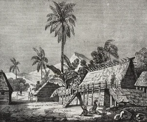House of Queen of Noukahiva Island (i dag Nuku Hiva), Marquesas Islands, Fransk Polynesien, litografi af Salvatore Puglia fra Poliorama Pittoresco, n 37, april