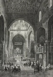 Interiør af Palatine Chapel i Palazzo dei Normanni eller Royal Palace i Palermo, Sicilien, Italien, litografi af Salvatore Puglia fra Poliorama Pittoresco, n 41, 21. maj